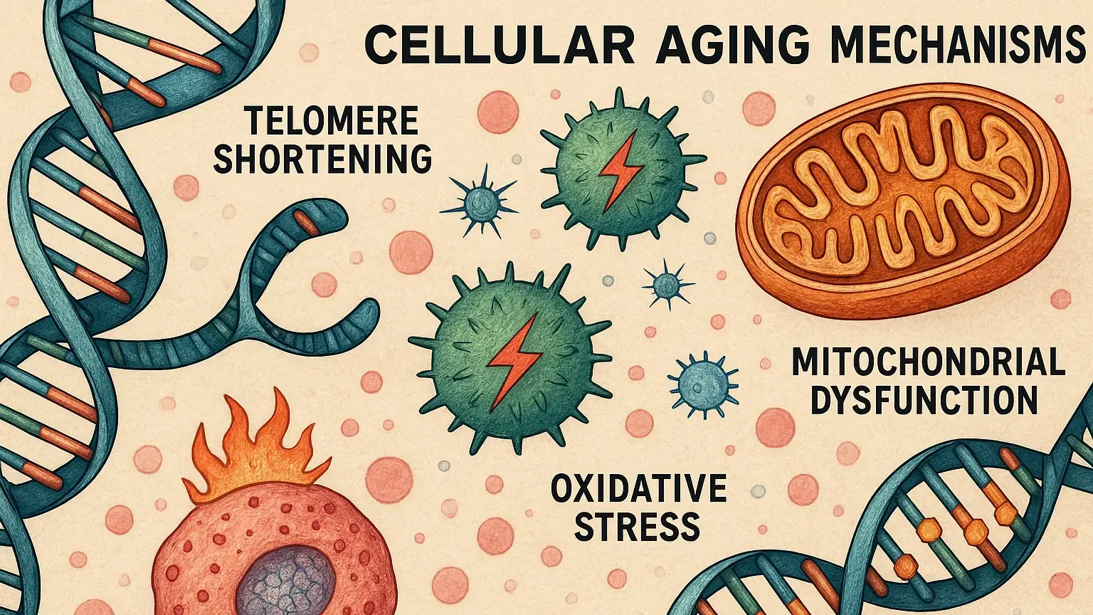 Illustration of cellular aging mechanisms including telomere shortening, mitochondrial dysfunction, oxidative stress, inflammation, and epigenetic changes shown with DNA strands, mitochondria, and free radicals in a high detail biological infographic
