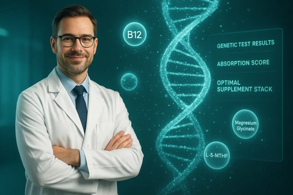 Doctor in front of DNA strand and nutrients like B12 and 5-MTHF representing bioavailable vitamins for genetic absorption support